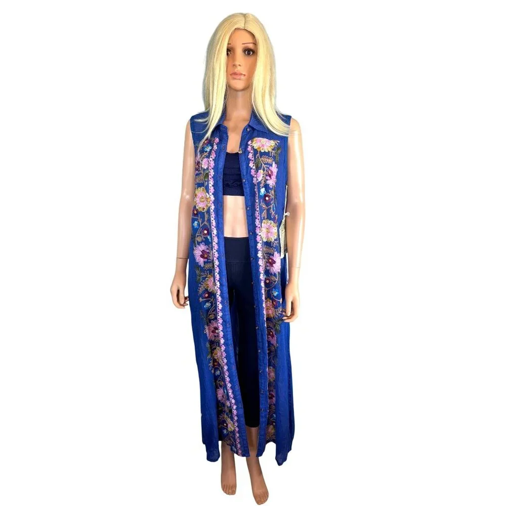NWT Aratta Adonis Blue Embroidered Maxi Duster Shirt Dress S $228 Boho Festival - Picture 6 of 17